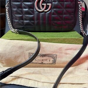 Gucci Black Quilted Crossbody Bag with Silver Chain